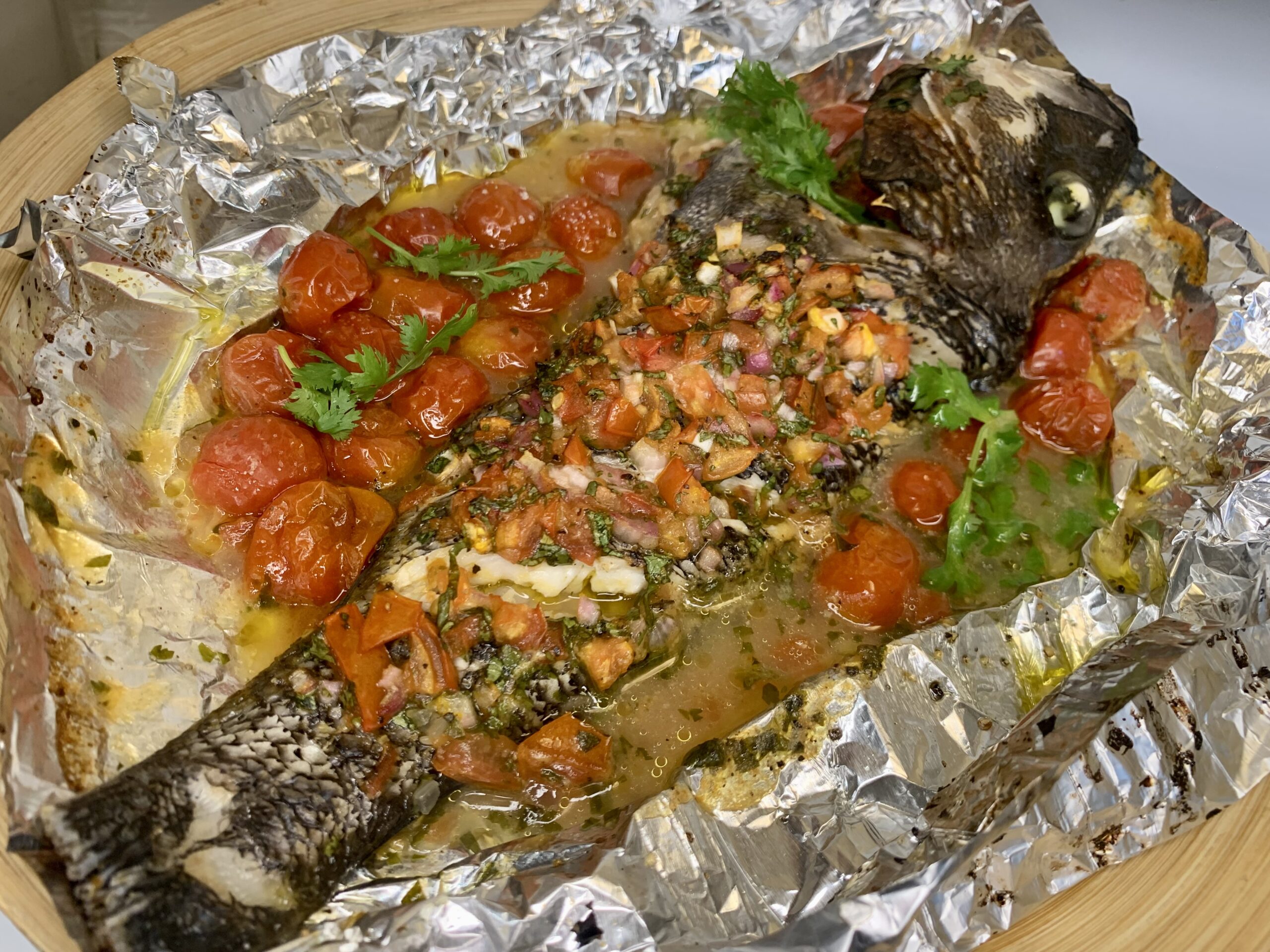 Baked Black Sea Bass with Tomato and Cilantro Salsa